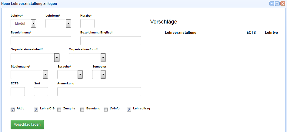 Neues Modul erstellen - Eingabemaske