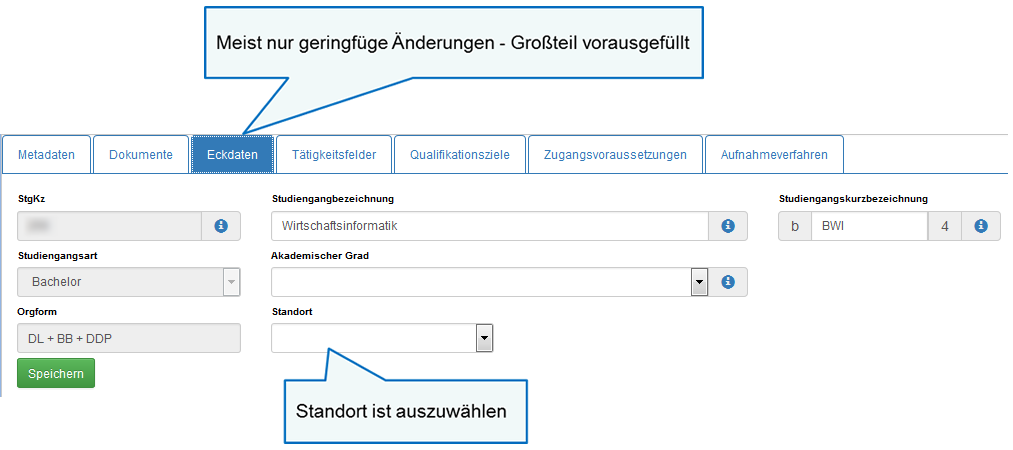 Registerkarten STG-Ebene: Eckdaten