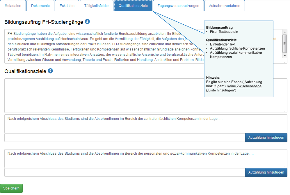 Registerkarten STG-Ebene: Qualifiktaionsziele