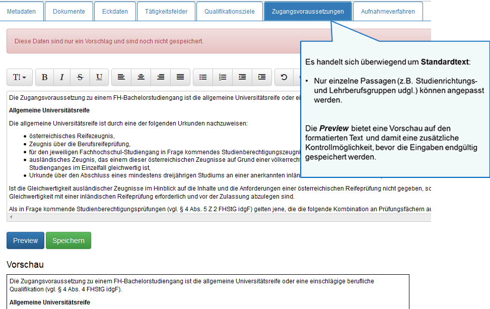 Registerkarten STG-Ebene: Zugangsvoraussetzungen