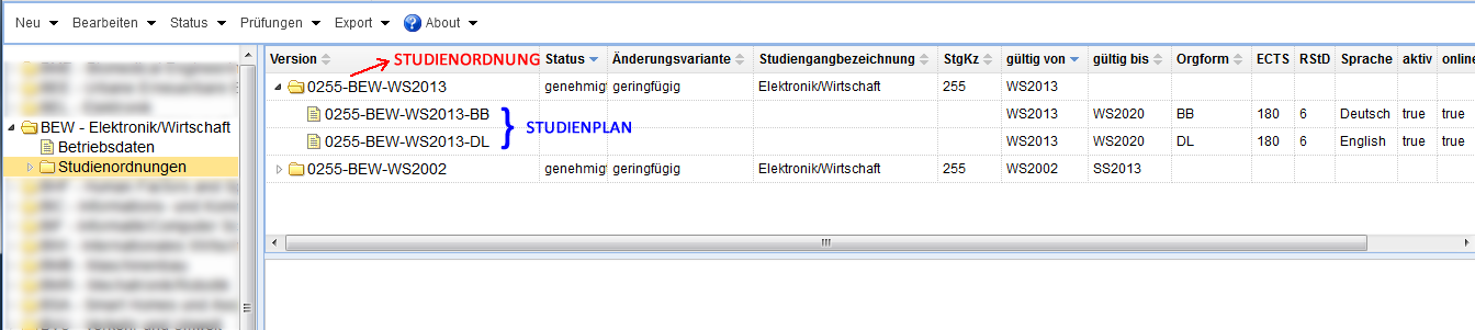 Struktur einer Studienordnung im StgV-Tool