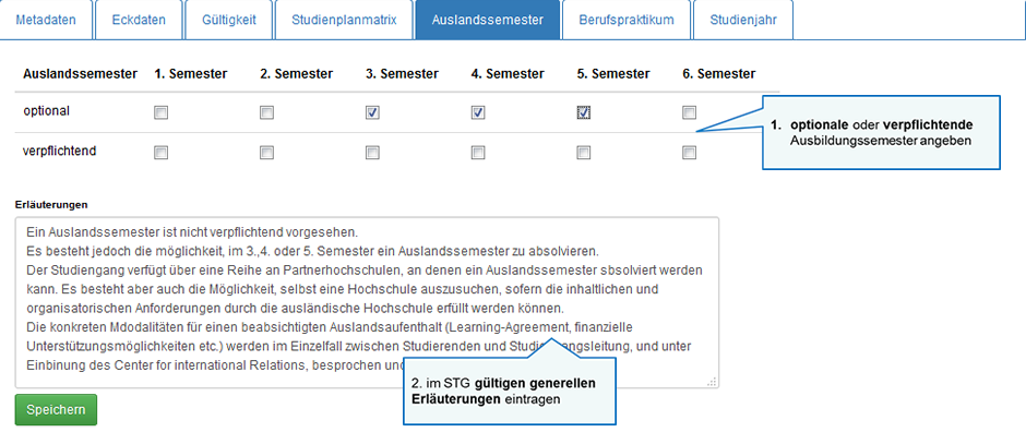 Registerkarten STG-Ebene: Auslandssemester