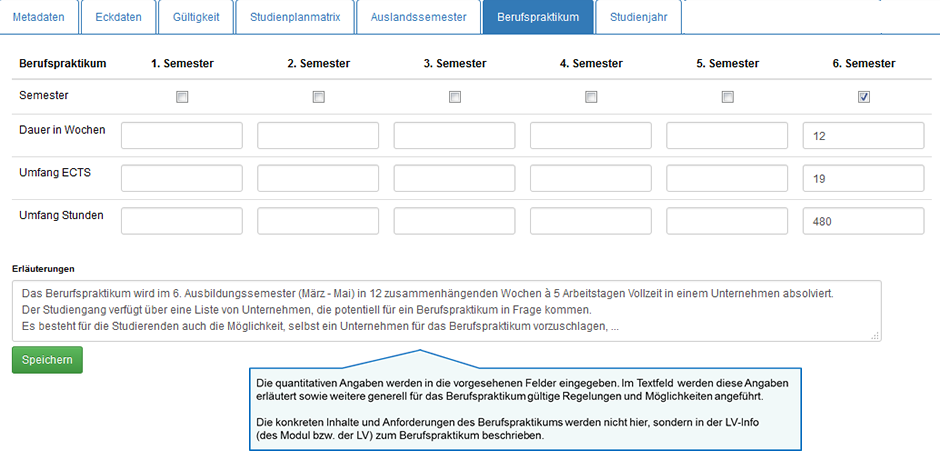 Registerkarten STG-Ebene: Berufspraktikum