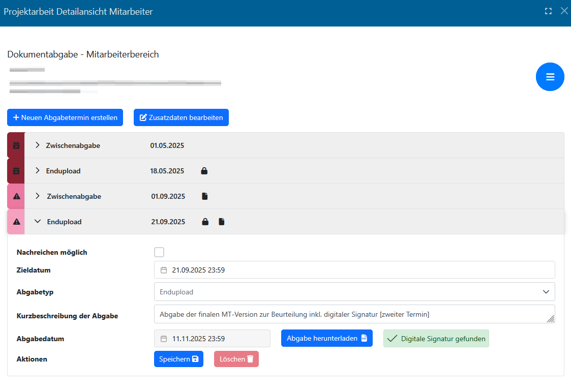 Übersichtsliste Termine einer Projektarbeit Übersichtsliste Termine einer Projektarbeit