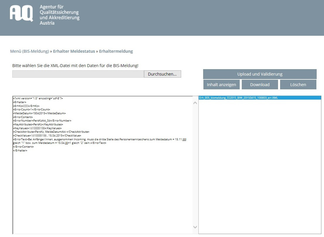  Fehlermeldung nach Validierung der XML-Datei