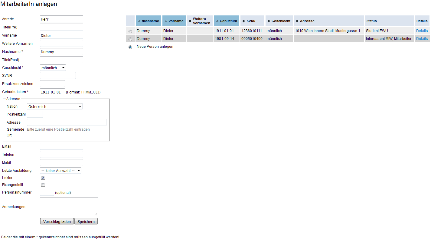 Eingabemaske MitarbeiterInnen