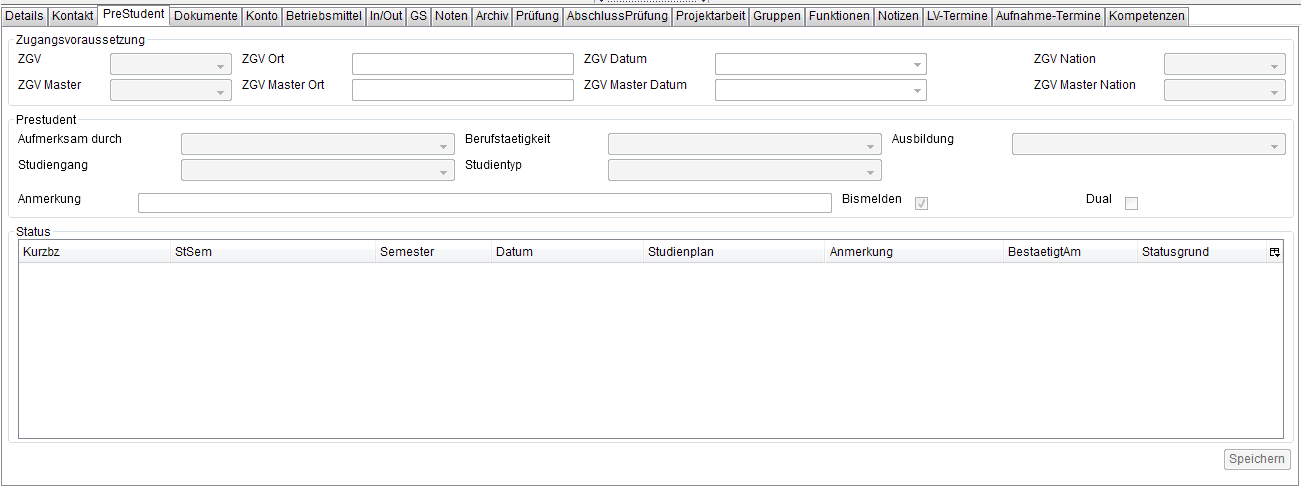 Übersicht Registerkarte PreStudent