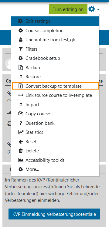 Moodle Menü - Convert backup to template